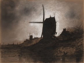Windmills in a Landscape. Eugene Deshayes (French, 1828-1890). Charcoal with white heightening;