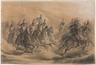 Cavalry Charge, c. 1840. Auguste Raffet (French, 1804-1860). Black, red, yellow, blue and white