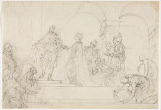 Meeting of Solomon and Queen of Sheba. Francesco Solimena (Italian, 1657-1747). Black chalk; sheet:
