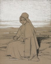 A Seated Shepherdess, 1800s. Jules Dupré (French, 1811-1889). Black chalk with white heightening