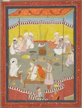 Royal Couple Distributing Meals, 1700s. India, Pahari,  Guler, 18th century. Opaque watercolor on