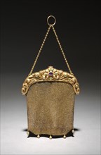 Handbag, c. 1900. Marcus & Co.. Gold mesh bag, 14k gold frame, amethyst, diamonds, tsavorites;