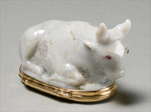 Snuff Box in the Form of a Reclining Bull (Bonbonnière), c. 1750-60. Germany, Berlin or Dresden,