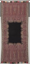 Long Shawl with Black Center and Exotic Four-Sided Gallery in Chinoiserie Style, 1840s. India,