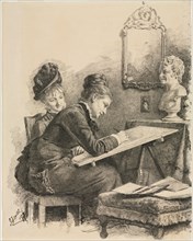Two Women Sketching a Sculpture, 1878. Gabriel von Hackl (German, 1843-1926). Pen and black ink;