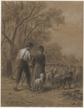 Bringing in the Sheep, 1800s. Charles-Émile Jacque (French, 1813-1894). Black chalk heightened with