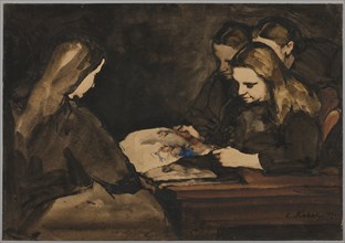 Four Girls Studying a Drawing, 1876 . Théodule Ribot (French, 1823-1891). Watercolor and possibly