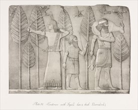 Monuments of Ninevah: Plate 32, Huntsmen with Gazelle, Hare and Birds (Khorsabad), 1853. Austen
