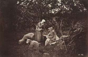 Two Shepherdesses Resting with Two Sheep, late 1870's. Auguste Giraudon's Artist (French). Albumen