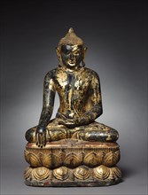 Seated Buddha, 1100s. Burma (Myanmar). Gilt lacquer on solid wood; overall: 100 x 62 x 30 cm (39