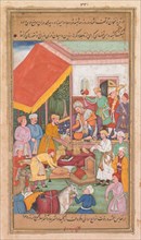 Timur distributes gifts from his grandson, the Prince of Multan, from a Zafar-nama (Book of
