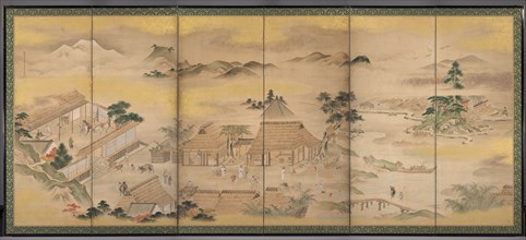 Spring and Autumn Farming (Autumn), 1700s. Ko Sukoku (Japanese, 1730-1804). Six-panel folding