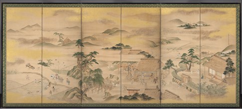 Spring and Autumn Farming, 1700s. Ko Sukoku (Japanese, 1730-1804). Pair of six-panel folding