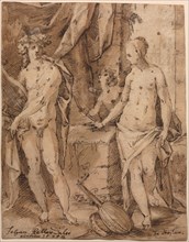 Apollo with Erato and Cupid, 1595. Johann Kellerthaler (German, c 1560/2-1611). Pen and black ink
