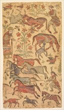 A marbled picture of Rustam catching Rakhsh, c. 1650. Attributed to Shafi (Indian, active about