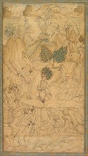 A Prince Visiting a Holy Man in a Rocky Landscape, c. 1590. India, Mughal, 16th century. Ink with