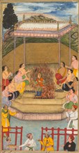Yaja and Upayaja perform a sacrifice for the emergence of Dhrishtadyumna from the fire, from