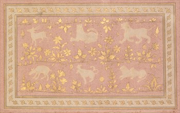 Stenciled Scenes of Lion and Gazelle, c. 1710. India, Mughal, early 18th century. Ink and gold on