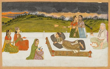 A princess reclining on a terrace with attendants, c. 1730-1740. India, Mughal, 18th century.