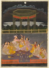 A prince celebrating Holi with palace women on a terrace at night; verso: calligraphy of a