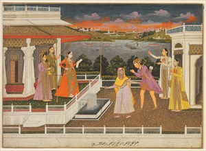 A blindfolded suitor is brought before a princess, 1755. Fayzullah (Indian, active c. 1730–1765).