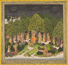 Radha and Krishna meet in the forest during a storm, c. 1770. India, Bengal, Mughal, 18th century.