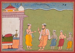 "Vasudeva Meets Nanda" from a Bhagavata Purana, 1610. India, Rajasthan, Bikaner, 17th century.