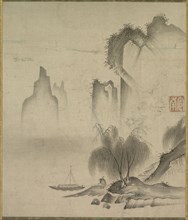 Figure Mooring a Boat, mid-1500s. Kannan (Japanese, active mid-1500s). Hanging scroll, ink on
