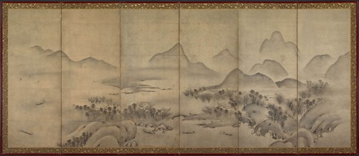 Moonlit Landscape, late 1500s. Japan, Muromachi period (1392-1573). Pair of six-panel folding