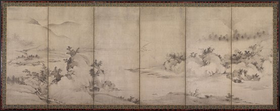 Landscape, 1500s. Japan, Muromachi period (1392-1573). Six-panel folding screen; ink on paper;
