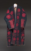 Woman's robe with crimson flora, late 1800s. Uzbekistan, Karakapak Republic, Khorezm. Plain weave: