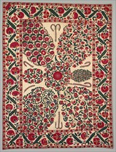 Suzani with floral sprays, 1800-1850. Central Asia, South West Uzbekistan, Shakhrisyabz. Plain