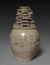 Funerary Urn (Hunping) with Figures, Pavilions, and Birds, 265-316. China, Western Jin dynasty