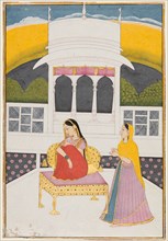 A Nakiya, probably Proshitaperyasi Nayika, c. 1740. India, Jammu. Color on paper; miniature: 21 x