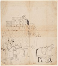 A drawing of Caparisoned Elephant and Horses, c. 1760. India, Jammu. miniature: 41 x 36.2 cm (16