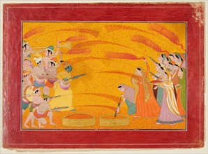 Krishna Celebrates Holi, c. 1770. Northern India, Himachal Pradesh, Pahari Kingdom of Guler. Opaque