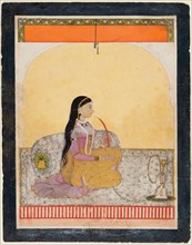Seated Lady Smoking a Hookah, c. 1780. Northern India, Himachal Pradesh, Pahari Kingdom of Guler.