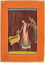 A Lady with Attendant and a Pair of Deer, from a Ragamala, 1710-20. Northern India, Himachal