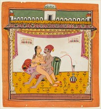 A couple seated against two pillows engaged in sex,  from an erotic series, c. 1700-10. India,