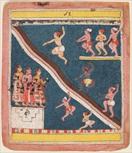 A page from Rasikapriya of Kesava Das: Krishna and the Gopas Dive into a pond, c. 1640. Central