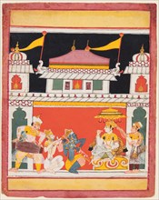 Shri Raga, from a Ragamala series; Three musicians perform before a noble, c. 1650. Central India,