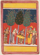 A page from a Rasikapriya series: Krishna and Radha and the Sakhis with musical instruments, c.