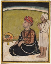 Noble seated on an outdoor parapet worshiping a shrine of Krishna fluting, c. 1800. India, Madhya