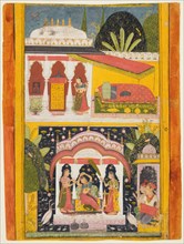 Desavarari Ragini, from a Ragamala series: A lady and two attendants in a bower in the middle of a