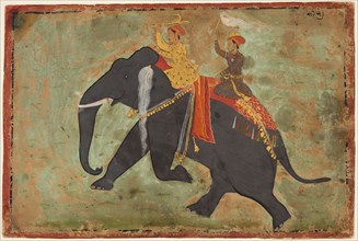 Prince Amar Singh as his own Mahout riding an Elephant, c. 1695. Attributed to Mewar Stipple Master