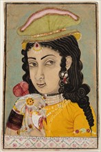 A European Lady holding a bottle and cup, c. 1710-20. India, Rajasthan, Mewar school. Color on
