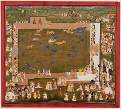 Maharaja Sangram Singh and his court observe a fight between tigers and boars at Sadri, c. 1720.