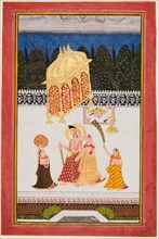Maharana Ari Singh (c. 1761-73) and his consort on a terrace, c. 1761. India, Rajasthan, Mewar