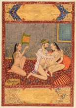 Couple in Erotic Embrace, c. 1720-30. Northwestern India, Rajasthan, Jaipur. Color on paper; page: