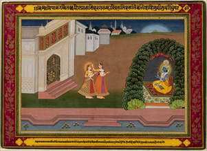 A Sakhi brings Radha to Krishna, c. 1790-1800. Northwestern India, Rajasthan, Jaipur. Color on
